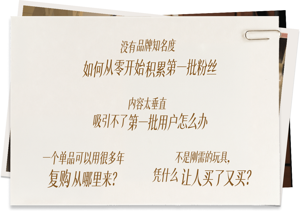 没有品牌知名度，如何从零开始积累第一批粉丝；内容太垂直，吸引不了第一批用户怎么办；一个单品可以用很多年，复购从哪里来；不是刚需的玩具，凭什么让人买了又买